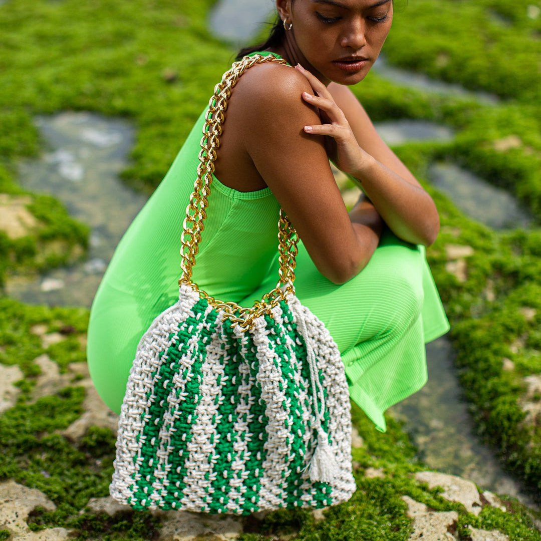 Macrame Beach Bag, Green & Off-White