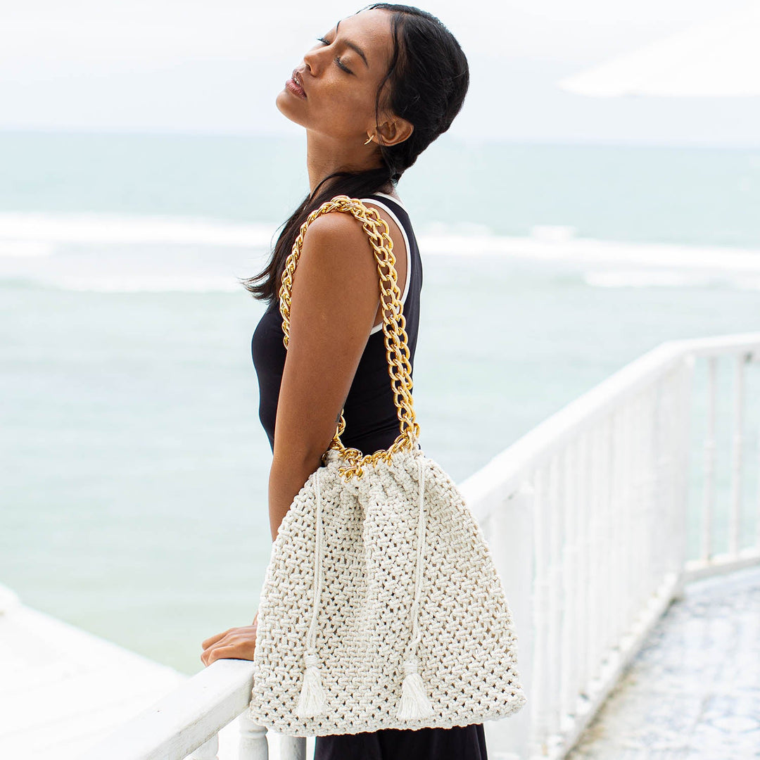 Macrame Beach Bag, Off-White