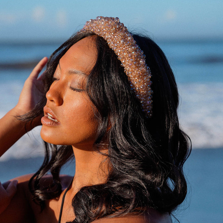 Hand-Sewn Glass Crystal Headband, Champagne Beige