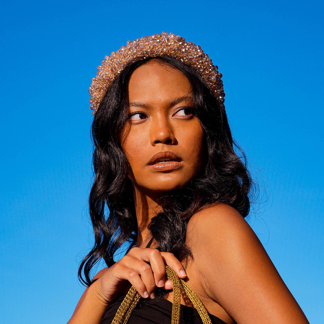 Hand-Sewn Glass Crystal Headband, Champagne Beige