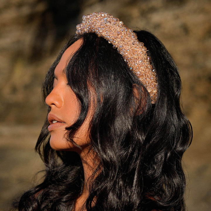 Hand-Sewn Glass Crystal Headband, Champagne Beige