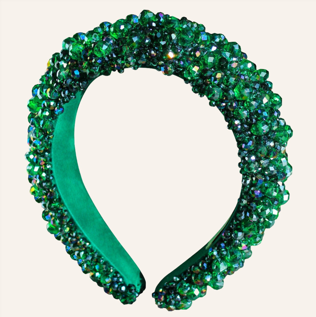 Hand-Sewn Glass Crystal Headband, Emerald Green