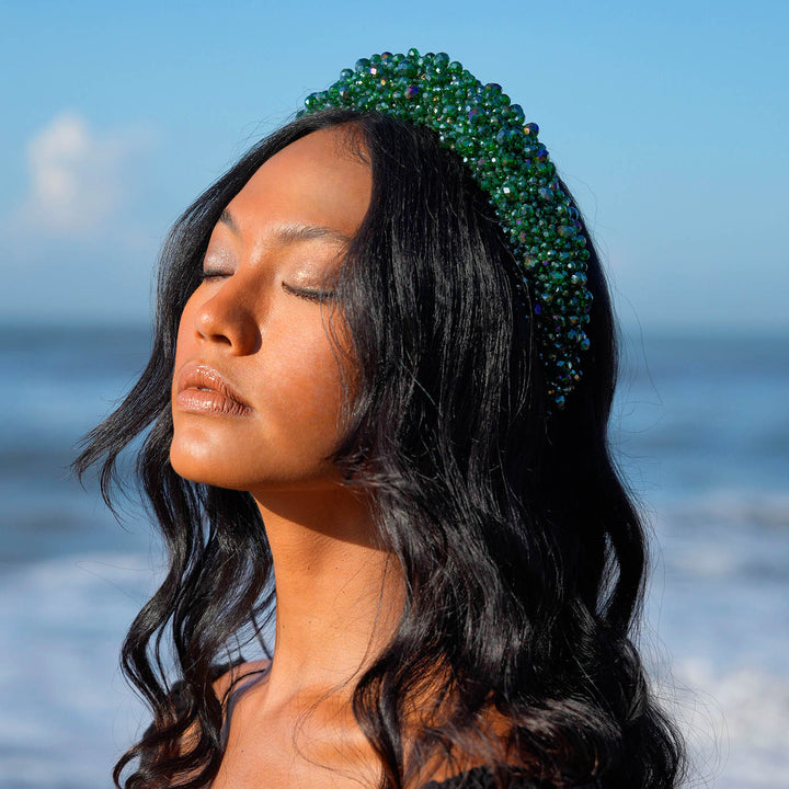 Hand-Sewn Glass Crystal Headband, Emerald Green