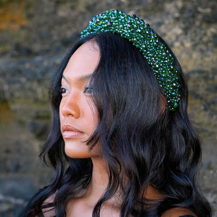 Hand-Sewn Glass Crystal Headband, Emerald Green