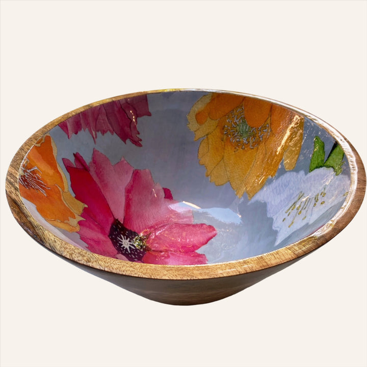 Mango Wood Serving Bowl, Cactus Flowers