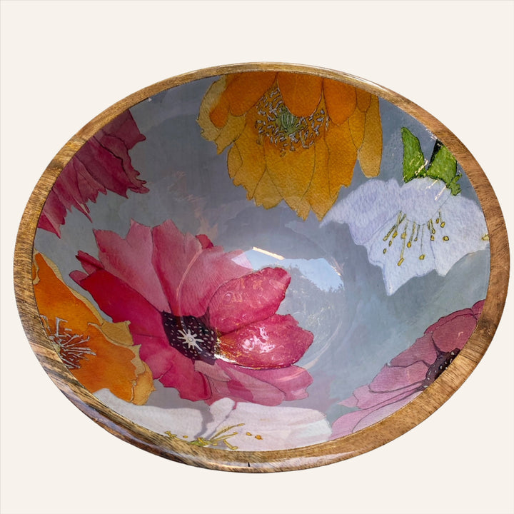 Mango Wood Serving Bowl, Cactus Flowers