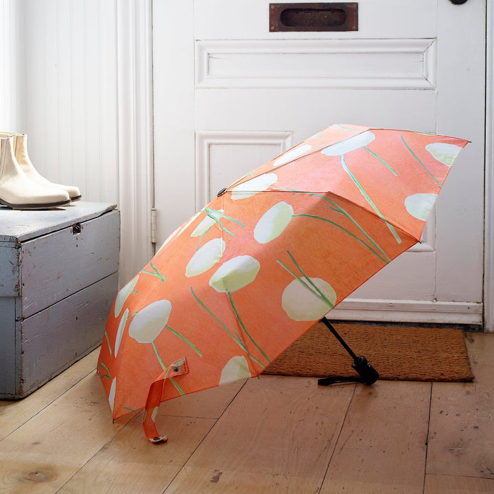 Compact Umbrella, Cream Flowers on Orange