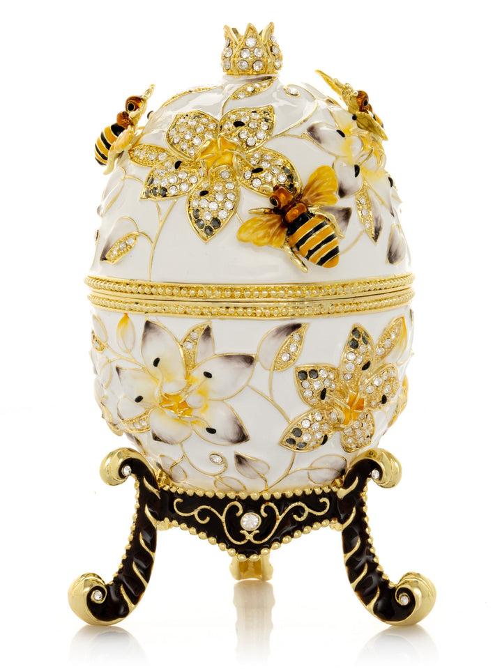 Handmade Faberge-Style Egg Trinket Box, Bees and Flowers