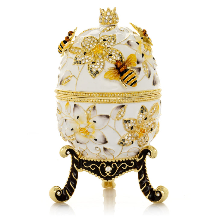 Handmade Faberge-Style Egg Trinket Box, Bees and Flowers