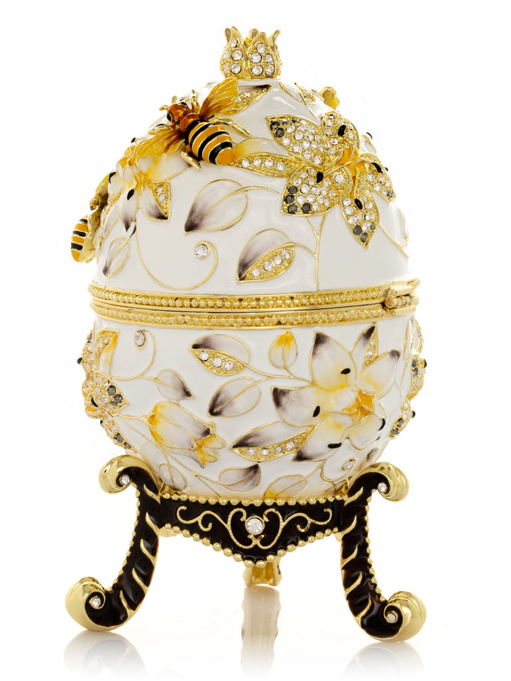 Handmade Faberge-Style Egg Trinket Box, Bees and Flowers