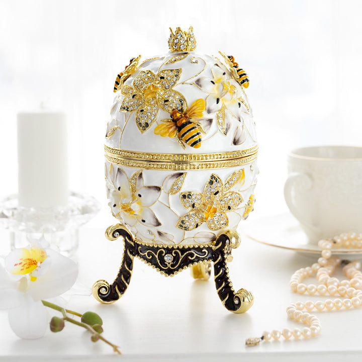Handmade Faberge-Style Egg Trinket Box, Bees and Flowers