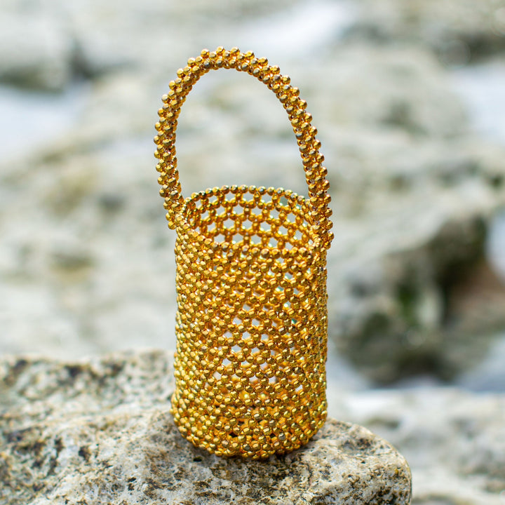 Metallic Beads Bucket Bag, Gold