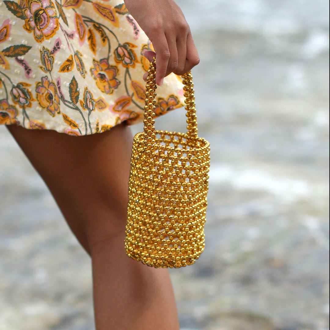 Metallic Beads Bucket Bag, Gold