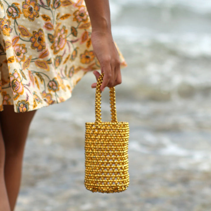 Metallic Beads Bucket Bag, Gold