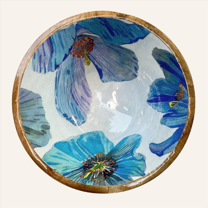 Mango Wood Serving Bowl, Blue Poppies