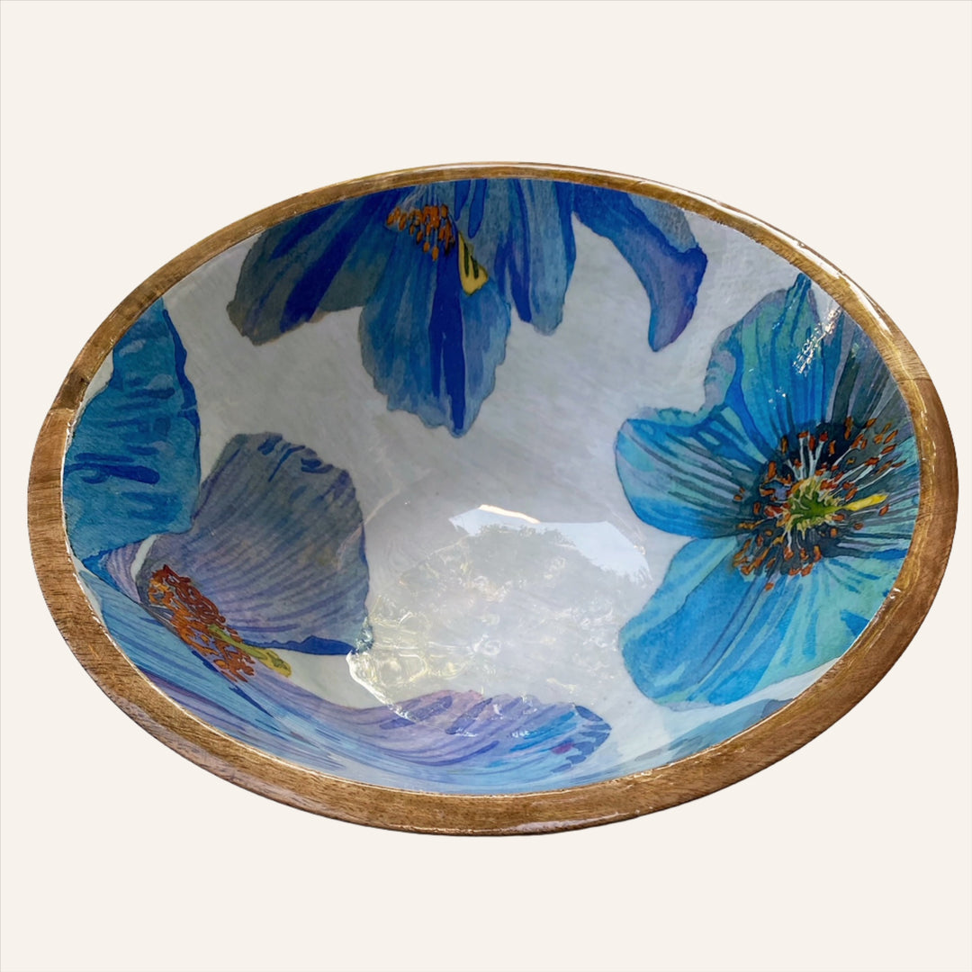 Mango Wood Serving Bowl, Blue Poppies