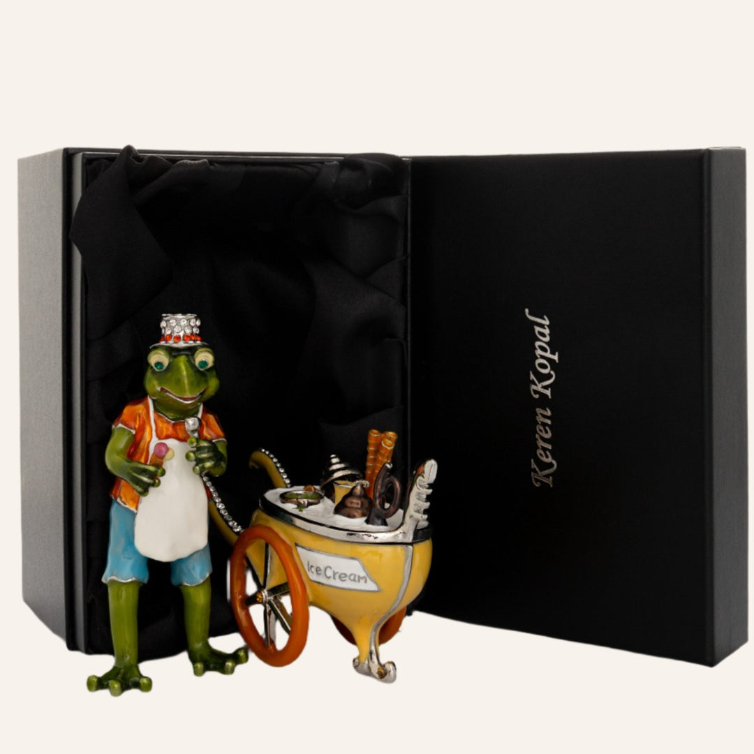 Frog Ice Cream Seller Trinket Box, 925 Silver Plated with Crystals