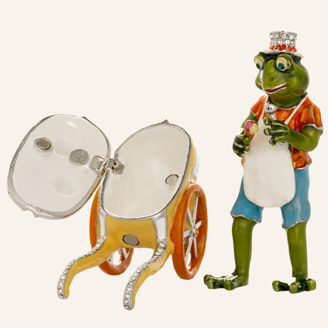 Frog Ice Cream Seller Trinket Box, 925 Silver Plated with Crystals