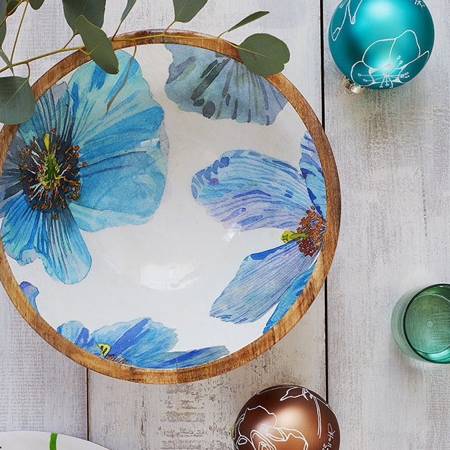 Mango Wood Serving Bowl, Blue Poppies