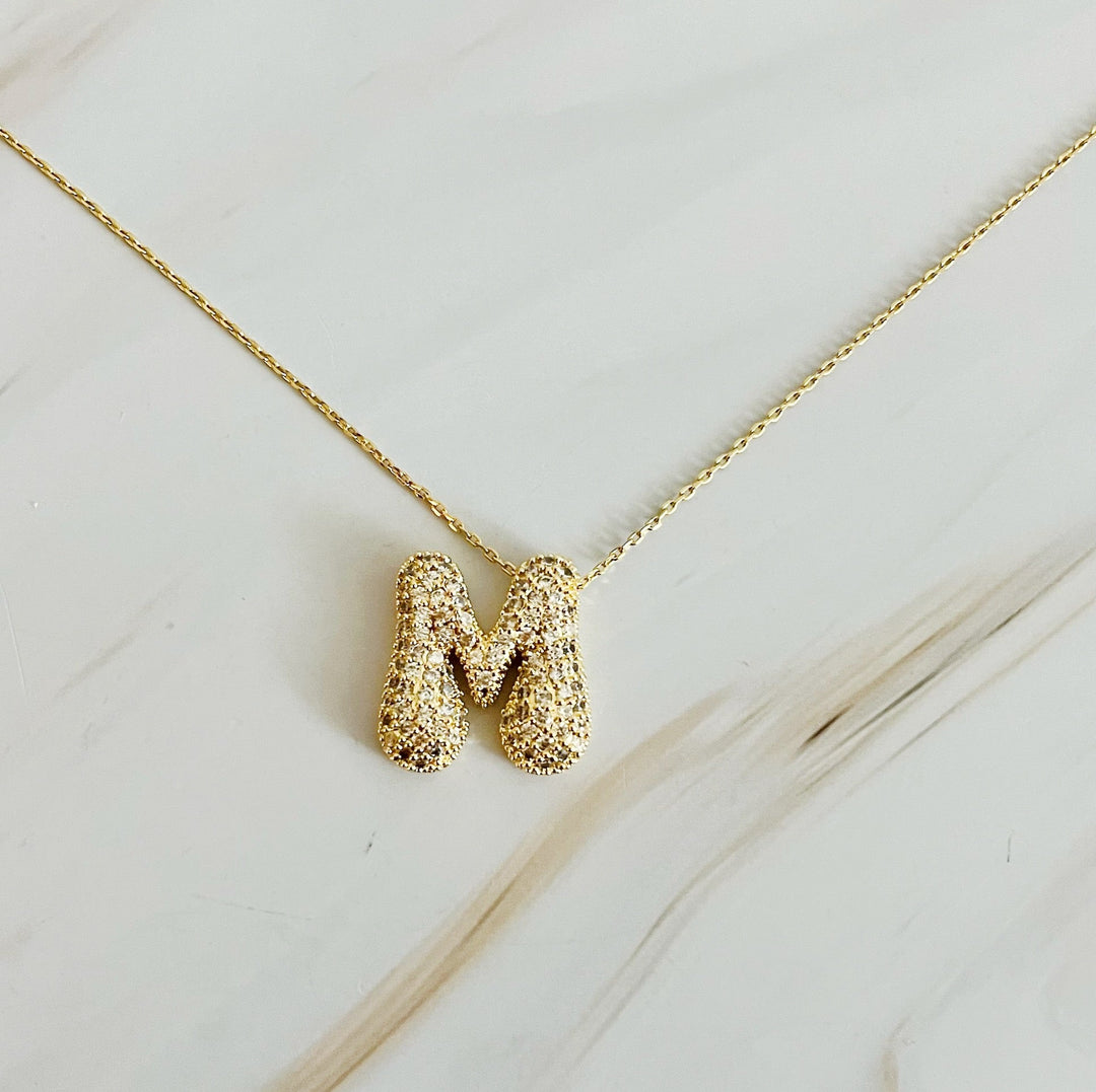 Sparkly Bubble Initial Necklace, 18K Gold Plated