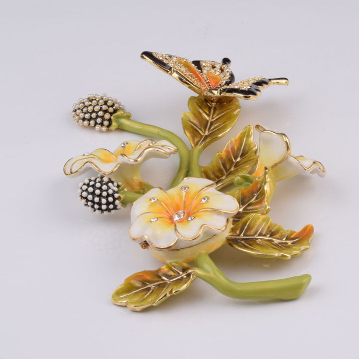 Butterfly on Flowers Crystal Trinket Box, 24k Gold Plated