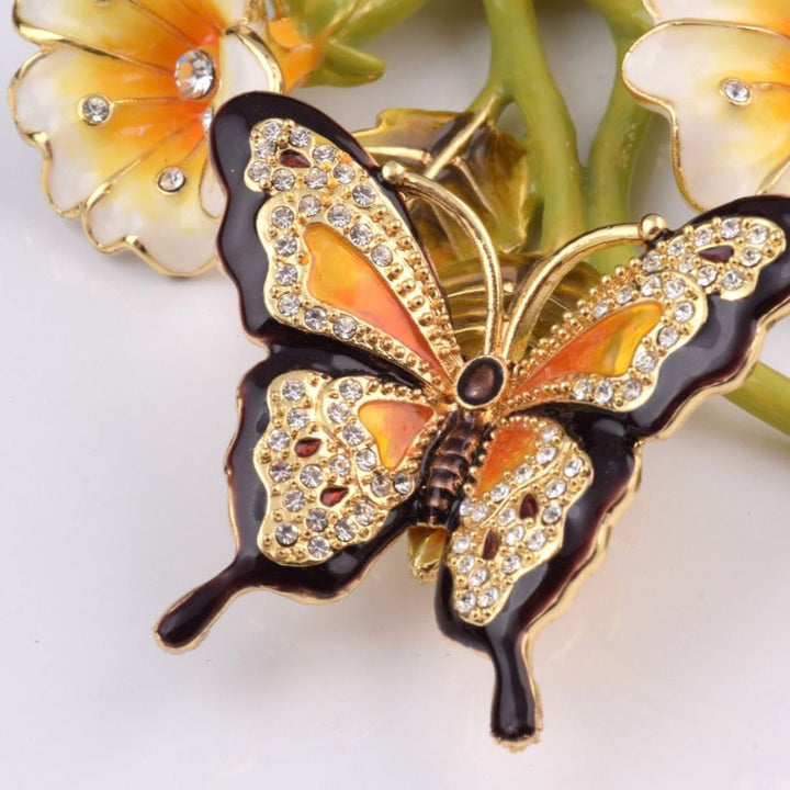Butterfly on Flowers Crystal Trinket Box, 24k Gold Plated