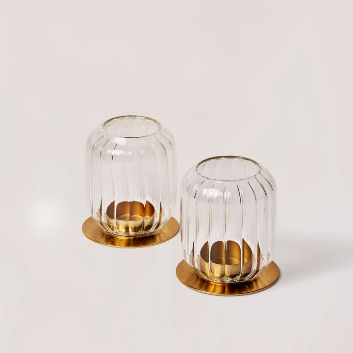 Fluted Glass Lantern Candle Holders, Set of 2