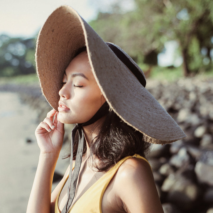 Wide Brim Jute Hat, Beige with Black Strap