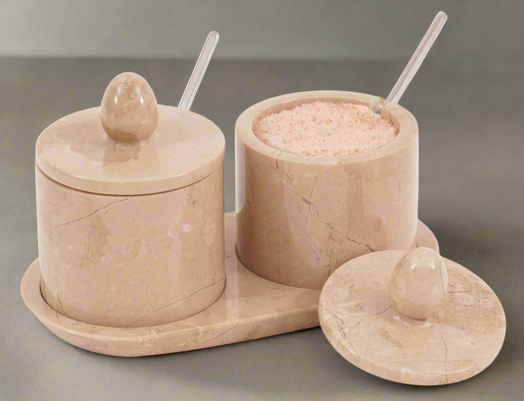 Marble Salt Cellar Set with Lids & Spoons, Verona