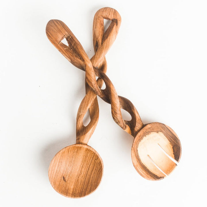 Handmade Olive Wood Salad Servers, Braided Beauty