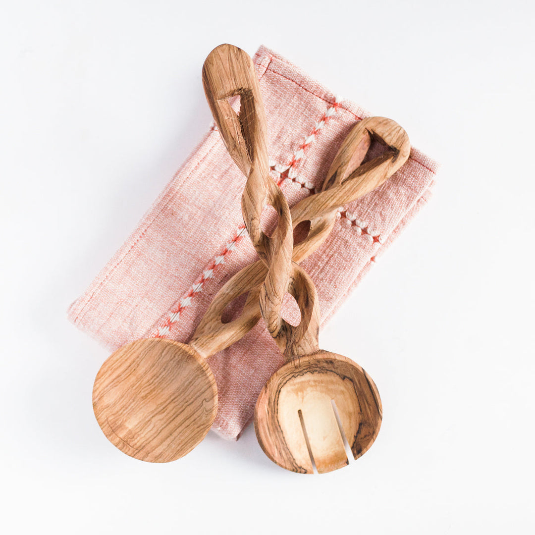 Handmade Olive Wood Salad Servers, Braided Beauty