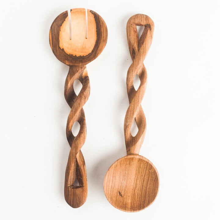 Handmade Olive Wood Salad Servers, Braided Beauty