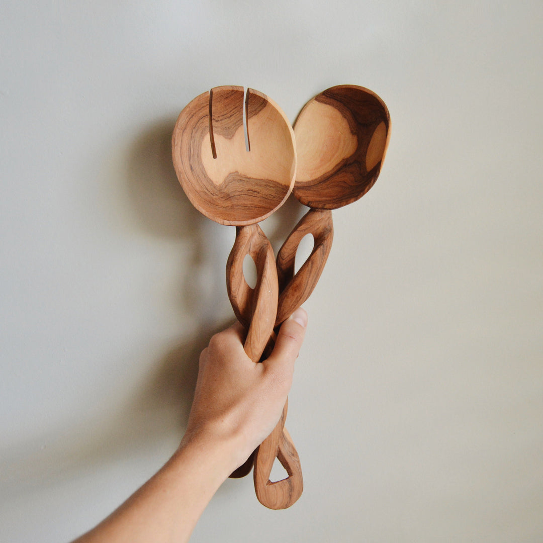 Handmade Olive Wood Salad Servers, Braided Beauty