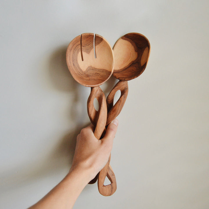 Handmade Olive Wood Salad Servers, Braided Beauty