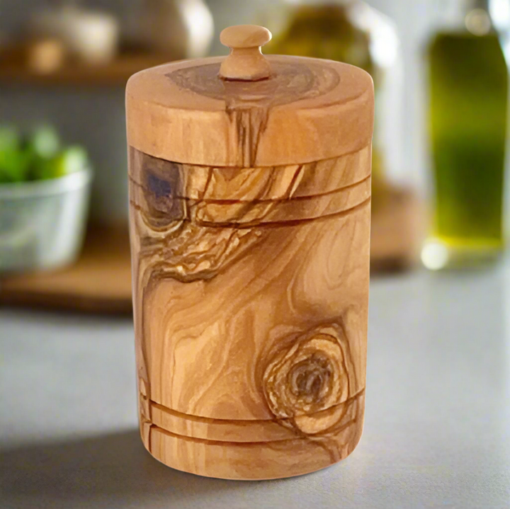 Hand-Carved Spice or Salt Jar w/Lid, Olive Wood