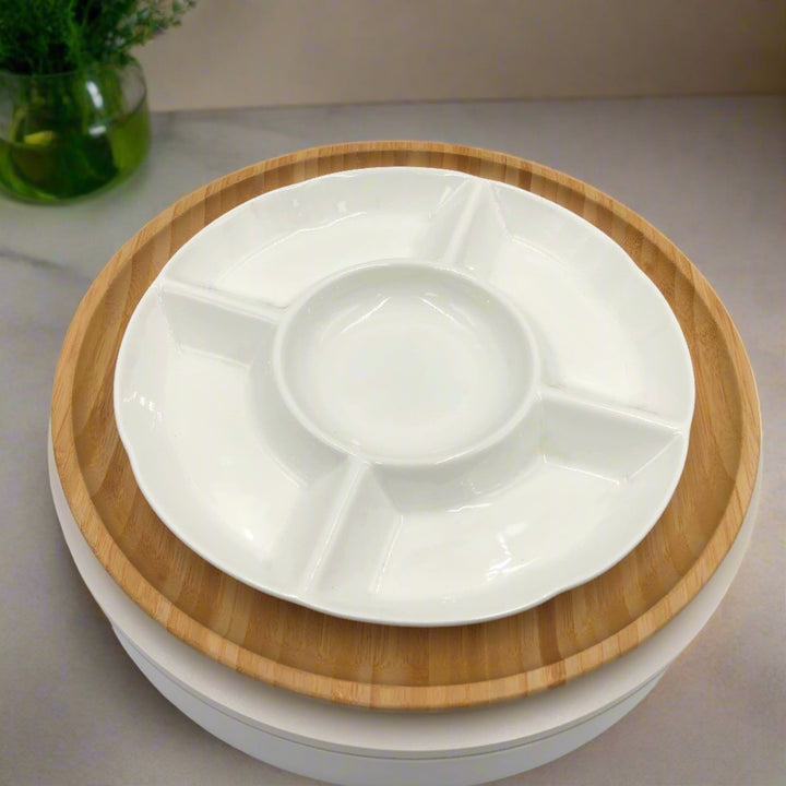 Bamboo Tray and Porcelain Dish, Set of 2