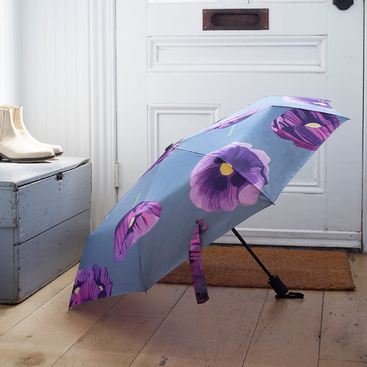 Compact Umbrella, Purple Poppies on Grey