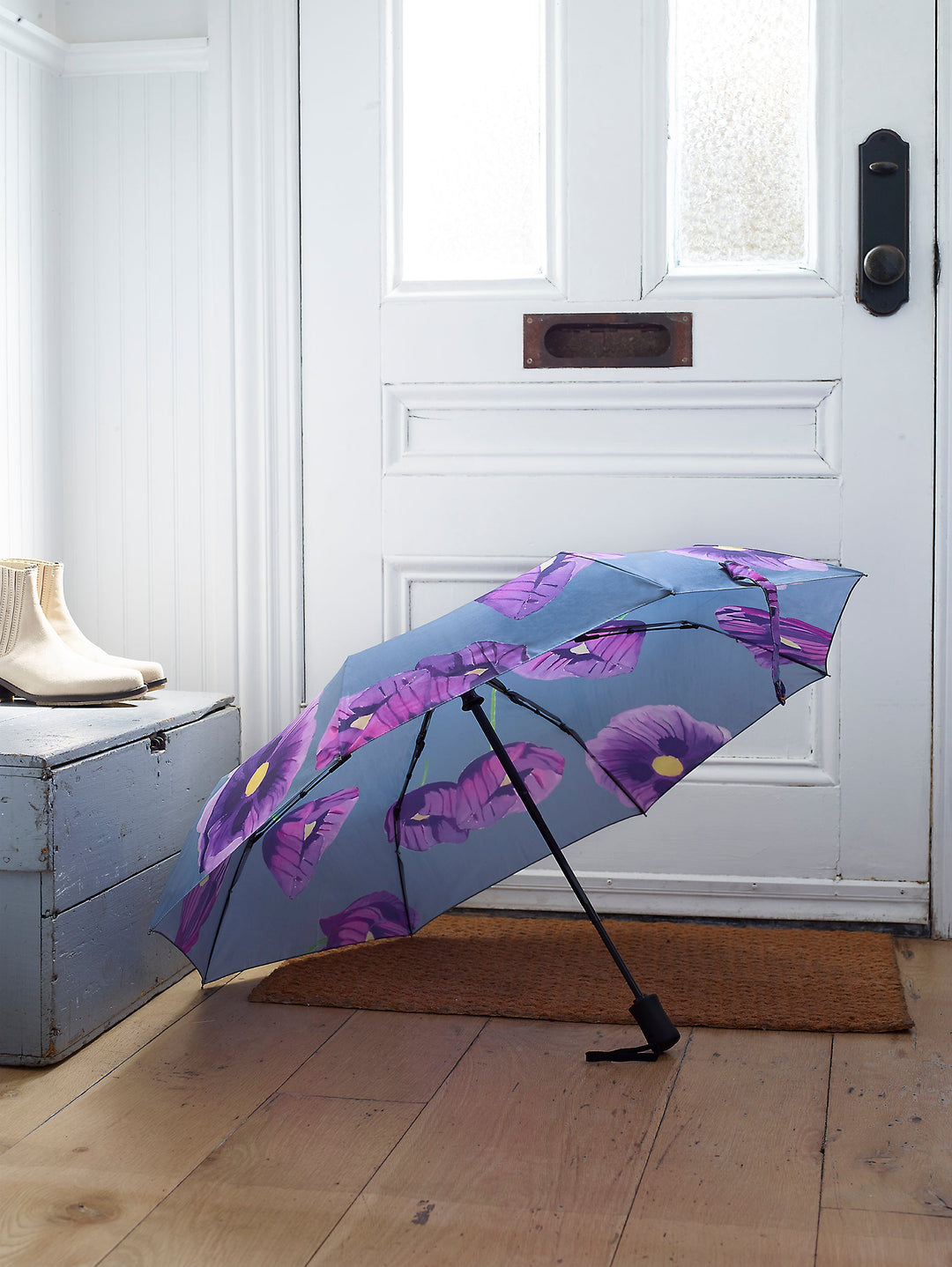 Compact Umbrella, Purple Poppies on Grey