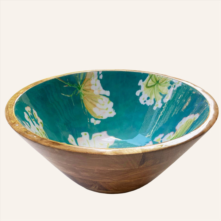 Mango Wood Serving Bowl, Lace on Teal