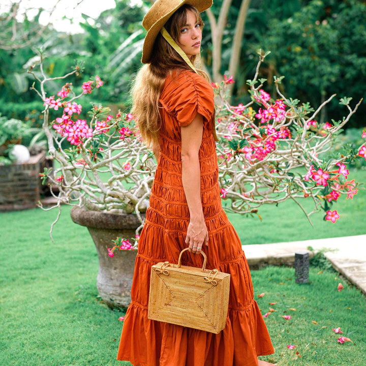 Handwoven Rattan Boxy Bag, Brown