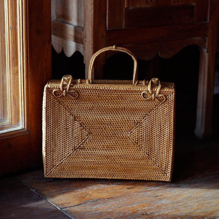 Handwoven Rattan Boxy Bag, Brown