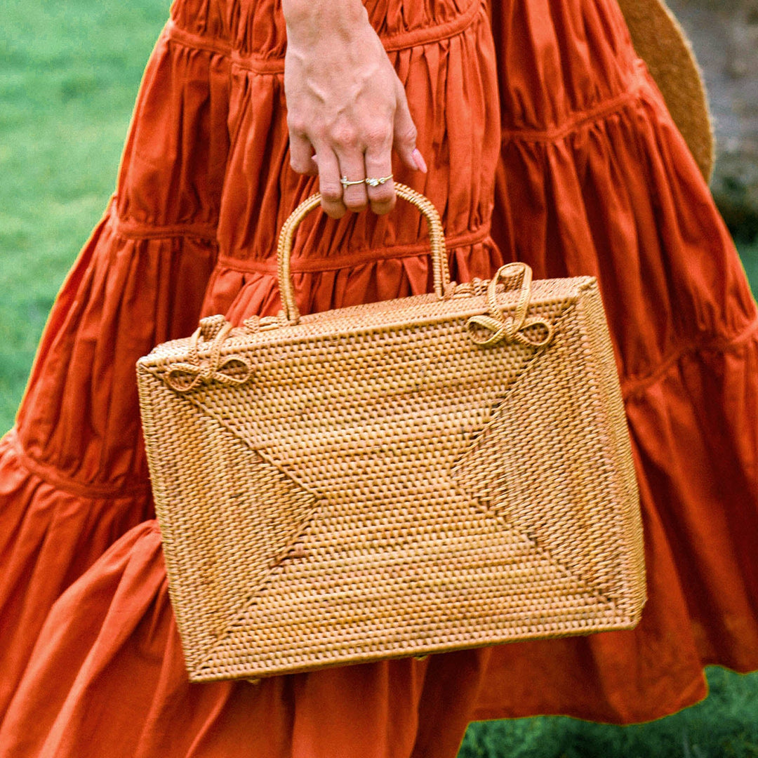 Handwoven Rattan Boxy Bag, Brown