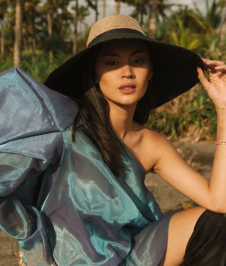 Jute Handwoven Straw Duo Hat, Natural & Golden Black