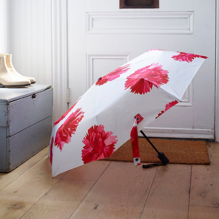 Compact Umbrella, Red Carnations on White