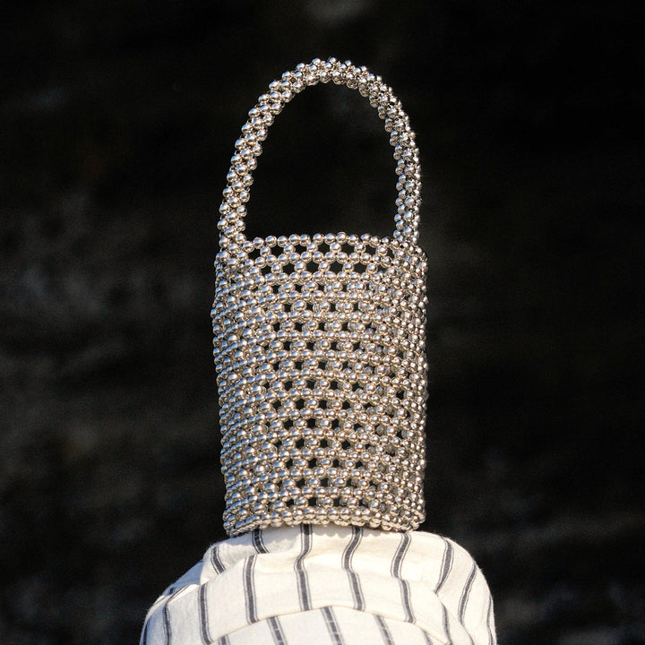 Metallic Beads Bucket Bag, Silver