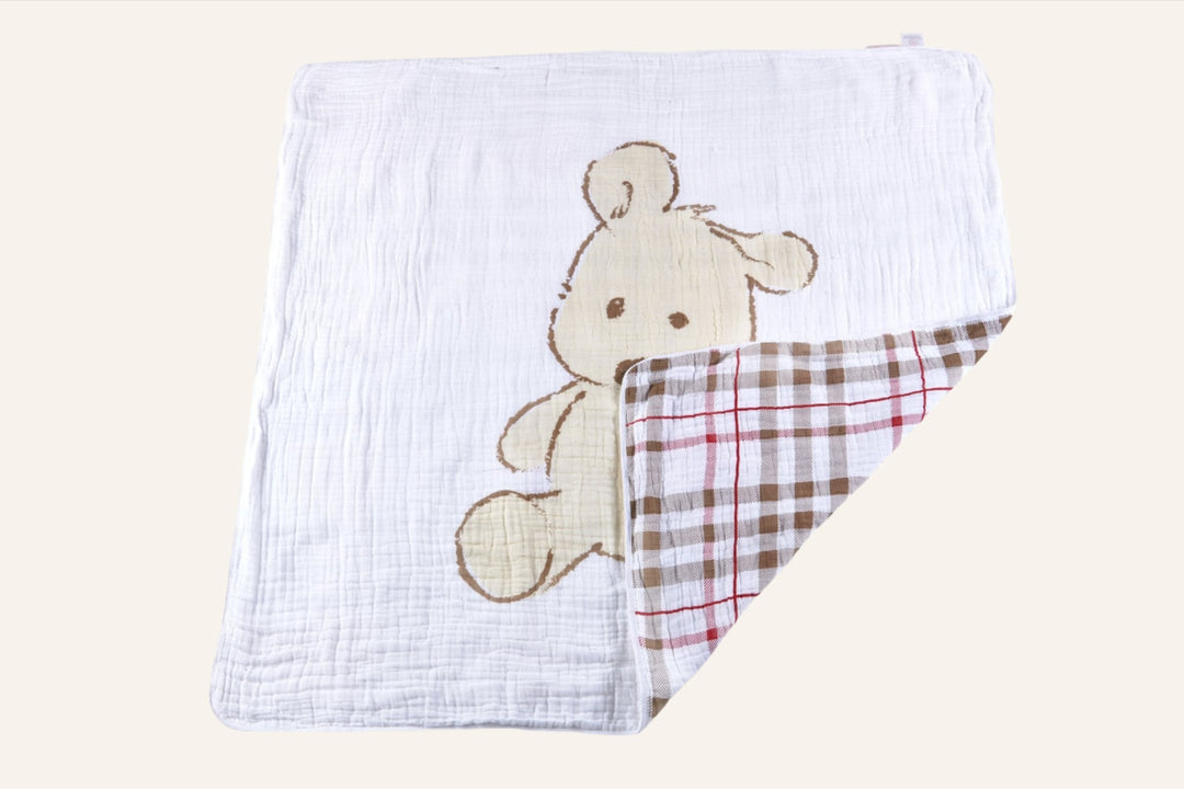 Kids & Baby Cotton Muslin Blanket, Teddy Bear & Plaid Pattern