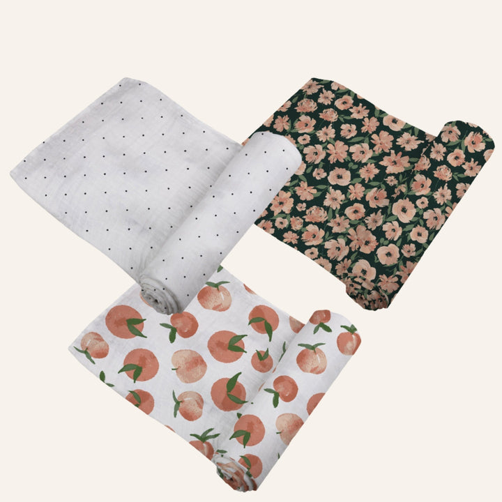 Baby Bamboo Muslin Swaddle Blankets 3-Pack, Peaches & Flowers