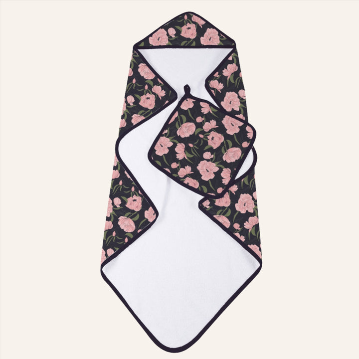 Baby Bamboo Hooded Towel and Washcloth Set, Peonies