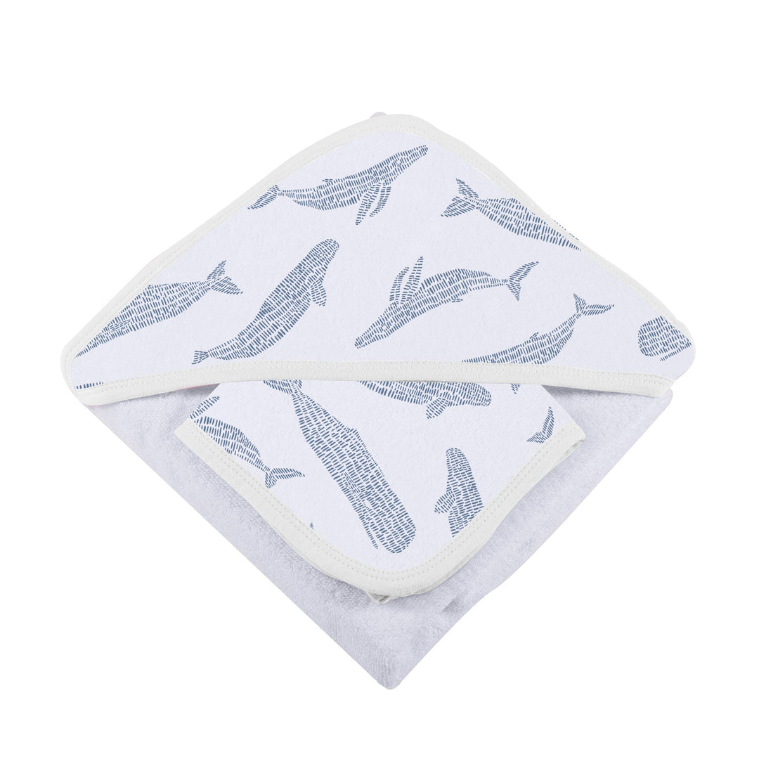 Baby Bamboo Hooded Towel and Washcloth Set, Blue Whales