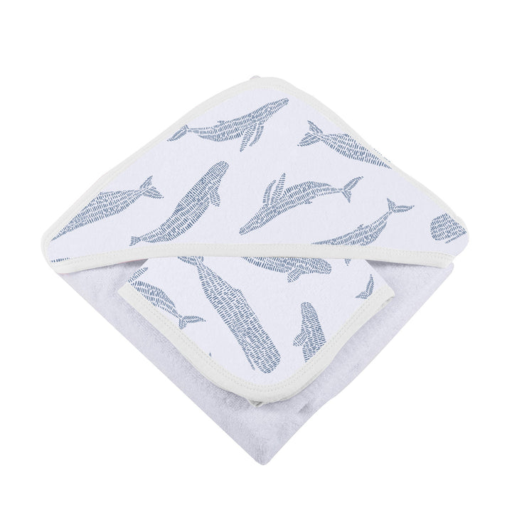 Baby Bamboo Hooded Towel and Washcloth Set, Blue Whales